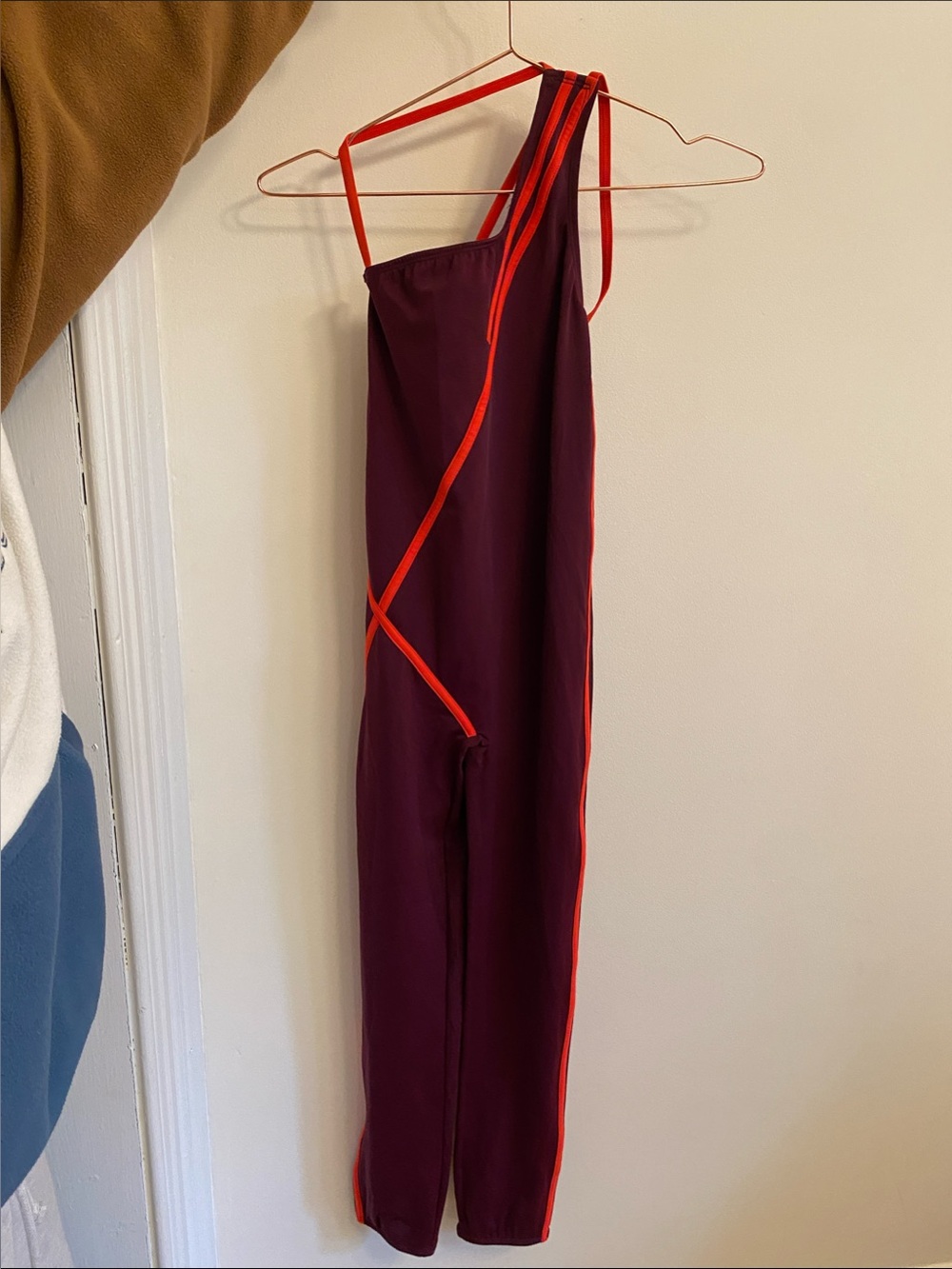 Kids One-Shoulder Burgundy Jumpsuit with Red Trim